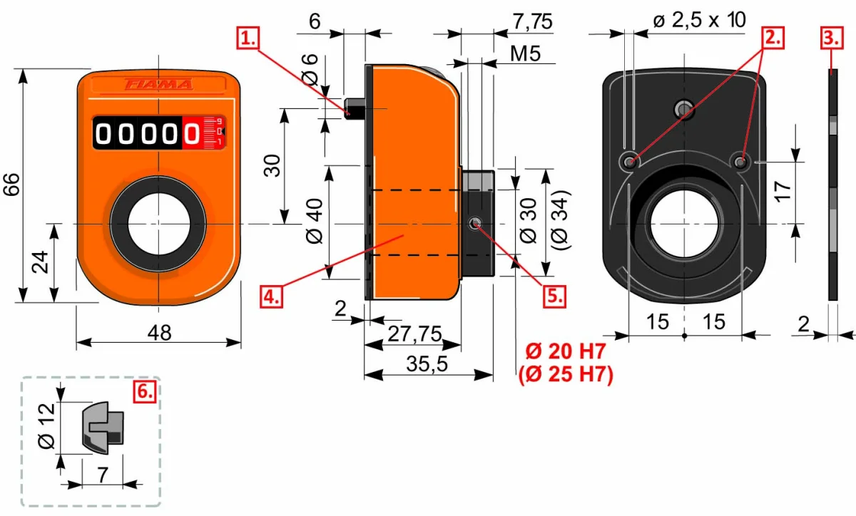Schéma technique : OP7 - Indicateurs de position à 5 chiffres compact– arbre creux diamètre 20h7, 25r