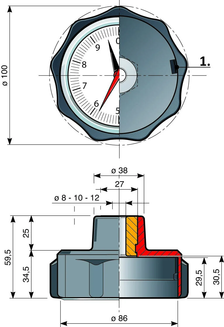 Schéma technique : P100L - P100FL Volants à lobes pour indicateurs gravitationnels et fixe