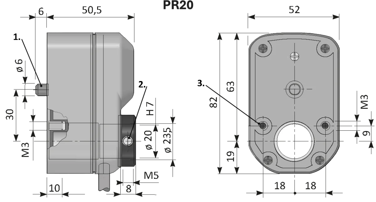 Schéma technique : PR20 Transducteurs potentiométriques rotatifs